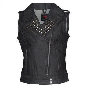 Ladies Studded Black Denim Biker Style Zipper Vest